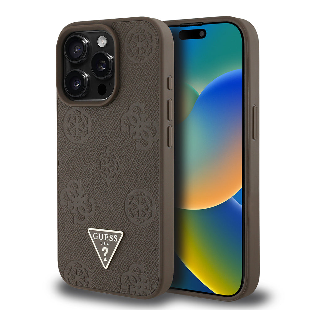 iPhone 15 Pro Max Kılıf Guess Orjinal Lisanslı M-safe Şarj Özellikli Sıcak Baskılı Üçgen Logolu PU Deri Peony Kapak