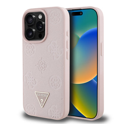 iPhone 15 Pro Max Kılıf Guess Orjinal Lisanslı M-safe Şarj Özellikli Sıcak Baskılı Üçgen Logolu PU Deri Peony Kapak