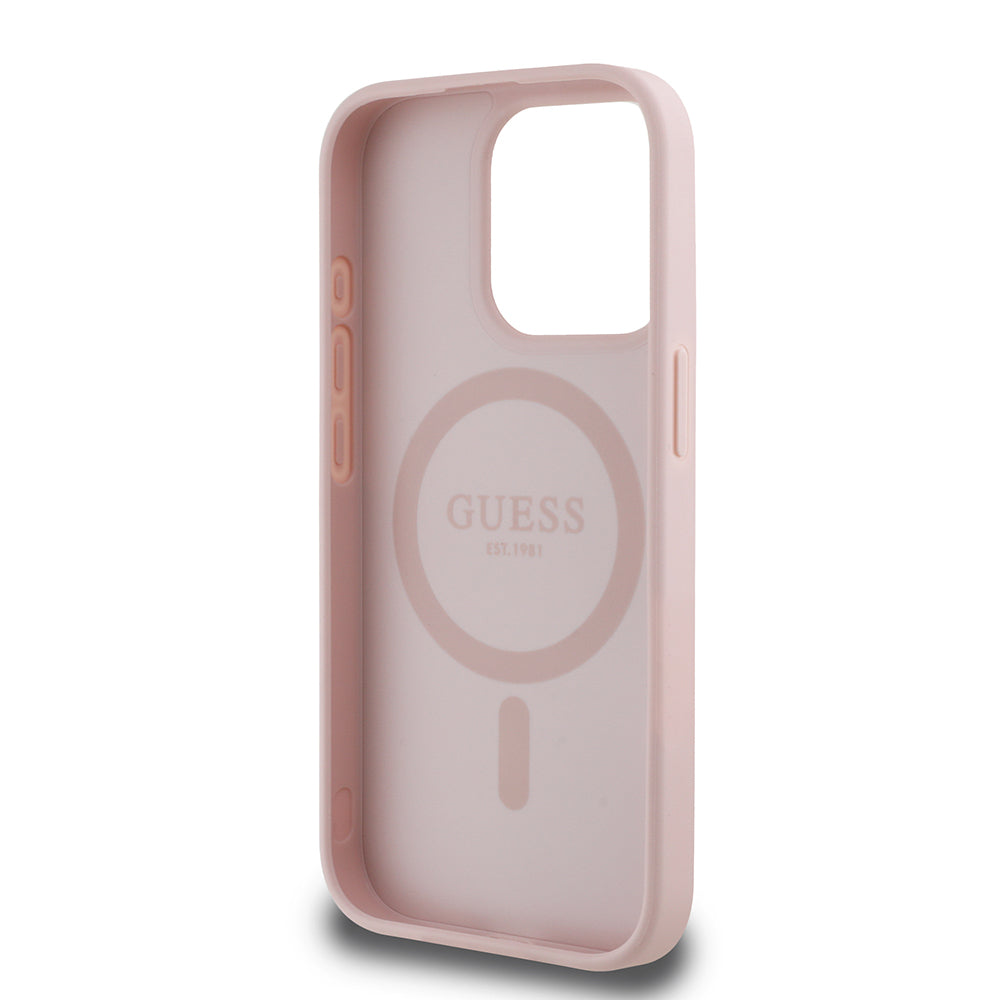 iPhone 15 Pro Max Kılıf Guess Orjinal Lisanslı M-safe Şarj Özellikli Sıcak Baskılı Üçgen Logolu PU Deri Peony Kapak
