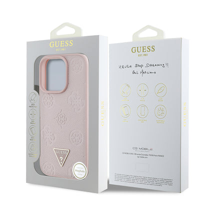 iPhone 15 Pro Max Kılıf Guess Orjinal Lisanslı M-safe Şarj Özellikli Sıcak Baskılı Üçgen Logolu PU Deri Peony Kapak