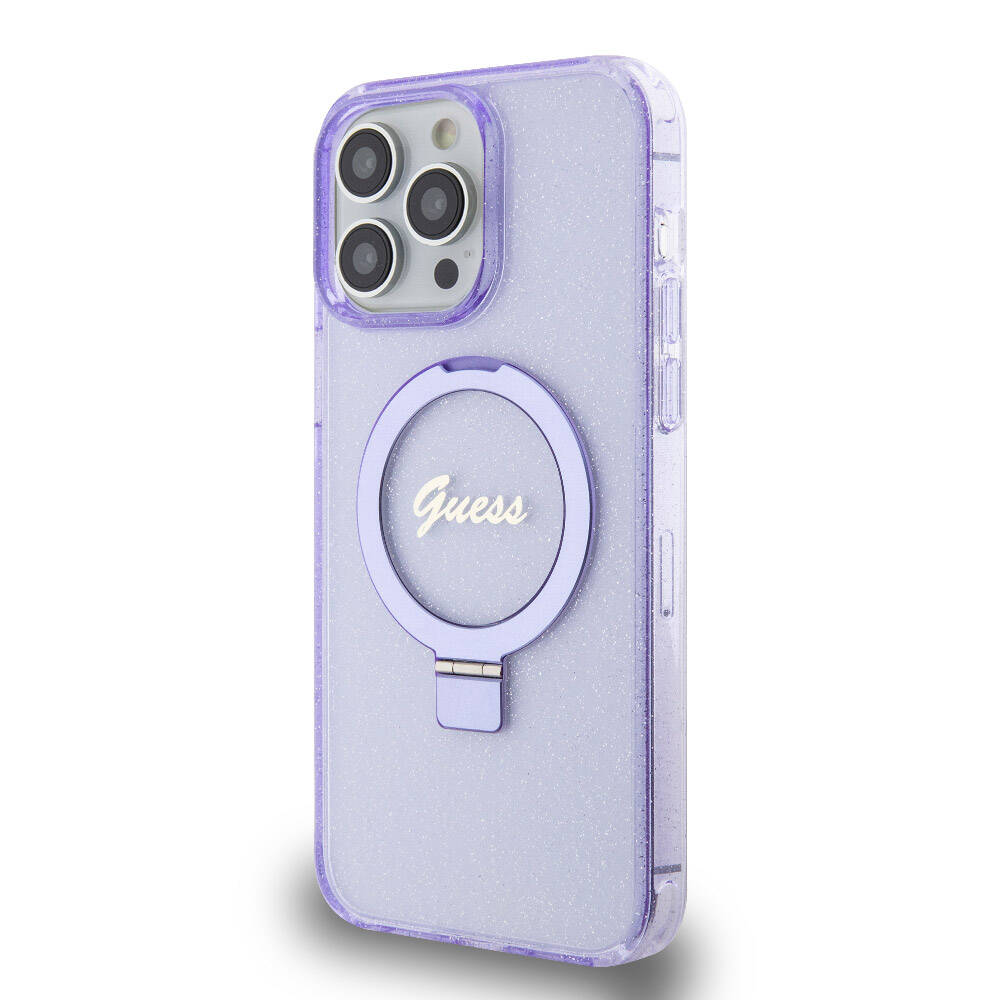iPhone 15 Pro Max Kılıf Guess Orjinal Lisanslı M-safe Şarj Özellikli Simli Arka Yüzey Ring Standlı Kapak