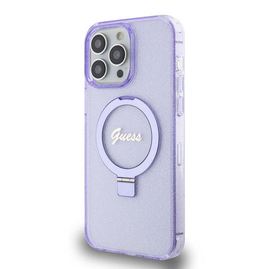 iPhone 15 Pro Max Kılıf Guess Orjinal Lisanslı M-safe Şarj Özellikli Simli Arka Yüzey Ring Standlı Kapak