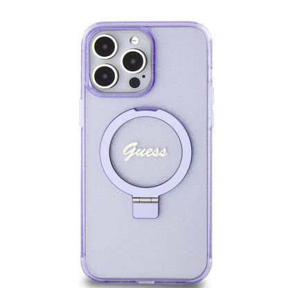 iPhone 15 Pro Max Kılıf Guess Orjinal Lisanslı M-safe Şarj Özellikli Simli Arka Yüzey Ring Standlı Kapak