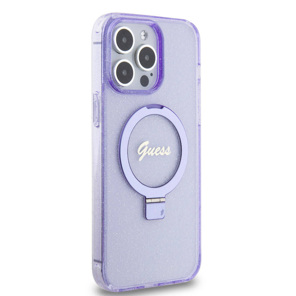 iPhone 15 Pro Max Kılıf Guess Orjinal Lisanslı M-safe Şarj Özellikli Simli Arka Yüzey Ring Standlı Kapak