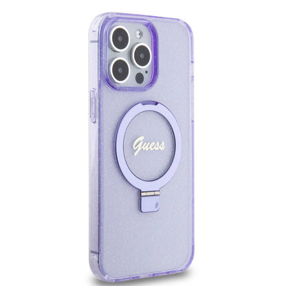 iPhone 15 Pro Max Kılıf Guess Orjinal Lisanslı M-safe Şarj Özellikli Simli Arka Yüzey Ring Standlı Kapak