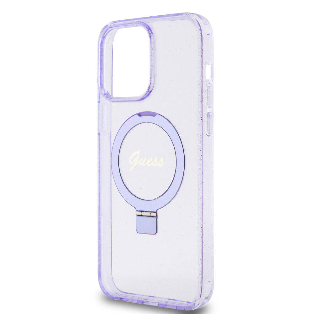 iPhone 15 Pro Max Kılıf Guess Orjinal Lisanslı M-safe Şarj Özellikli Simli Arka Yüzey Ring Standlı Kapak
