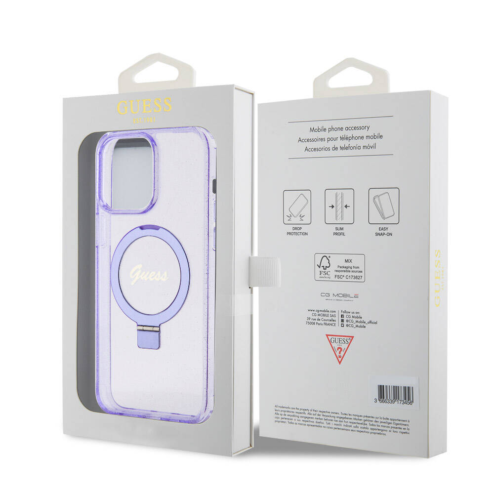 iPhone 15 Pro Max Kılıf Guess Orjinal Lisanslı M-safe Şarj Özellikli Simli Arka Yüzey Ring Standlı Kapak