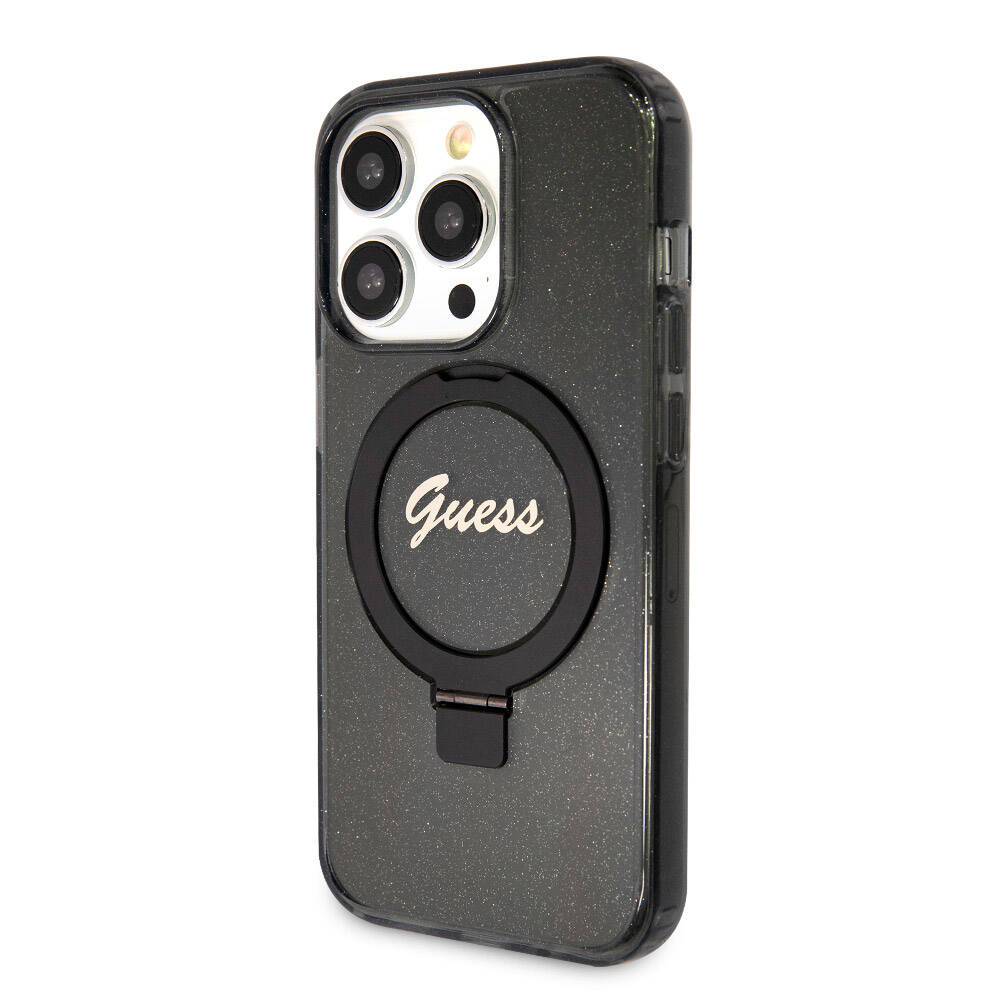 iPhone 15 Pro Max Kılıf Guess Orjinal Lisanslı M-safe Şarj Özellikli Simli Arka Yüzey Ring Standlı Kapak