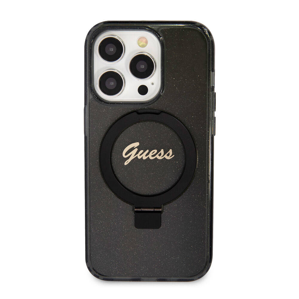 iPhone 15 Pro Max Kılıf Guess Orjinal Lisanslı M-safe Şarj Özellikli Simli Arka Yüzey Ring Standlı Kapak