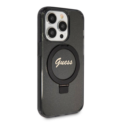 iPhone 15 Pro Max Kılıf Guess Orjinal Lisanslı M-safe Şarj Özellikli Simli Arka Yüzey Ring Standlı Kapak