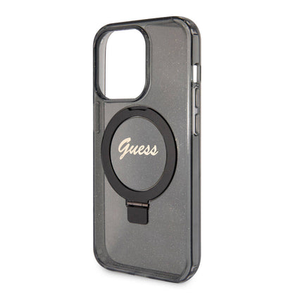 iPhone 15 Pro Max Kılıf Guess Orjinal Lisanslı M-safe Şarj Özellikli Simli Arka Yüzey Ring Standlı Kapak