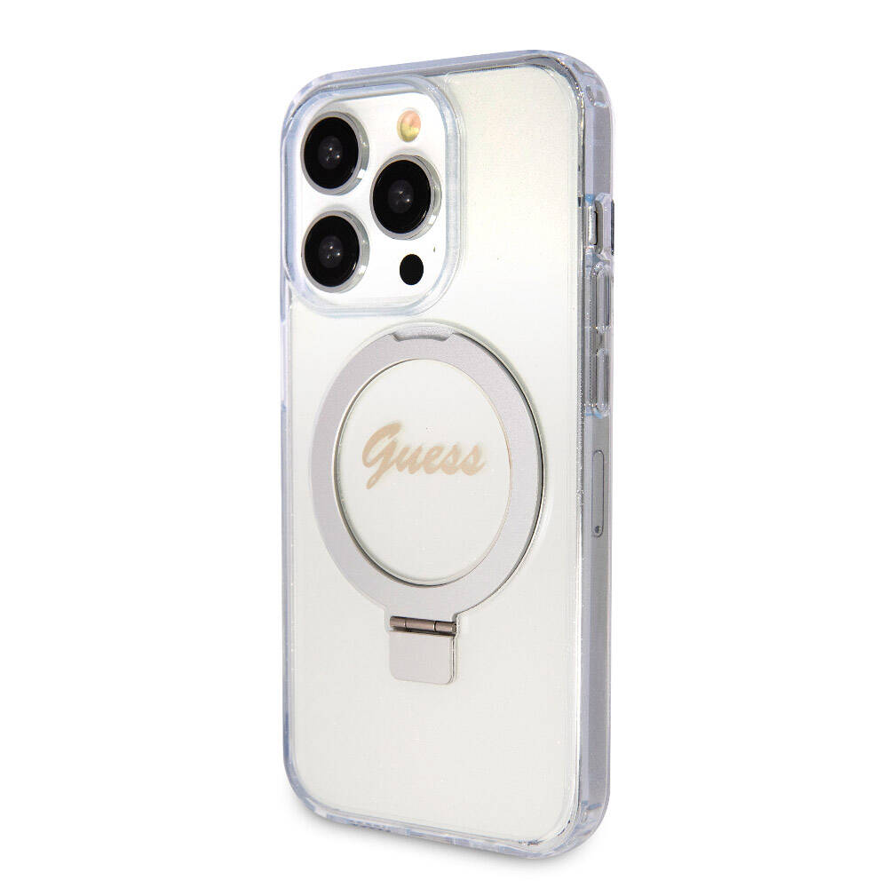 iPhone 15 Pro Max Kılıf Guess Orjinal Lisanslı M-safe Şarj Özellikli Simli Arka Yüzey Ring Standlı Kapak