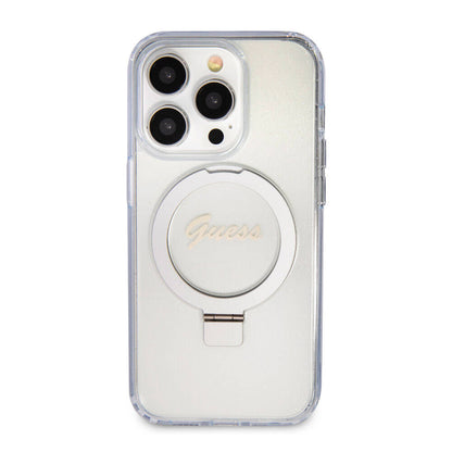 iPhone 15 Pro Max Kılıf Guess Orjinal Lisanslı M-safe Şarj Özellikli Simli Arka Yüzey Ring Standlı Kapak