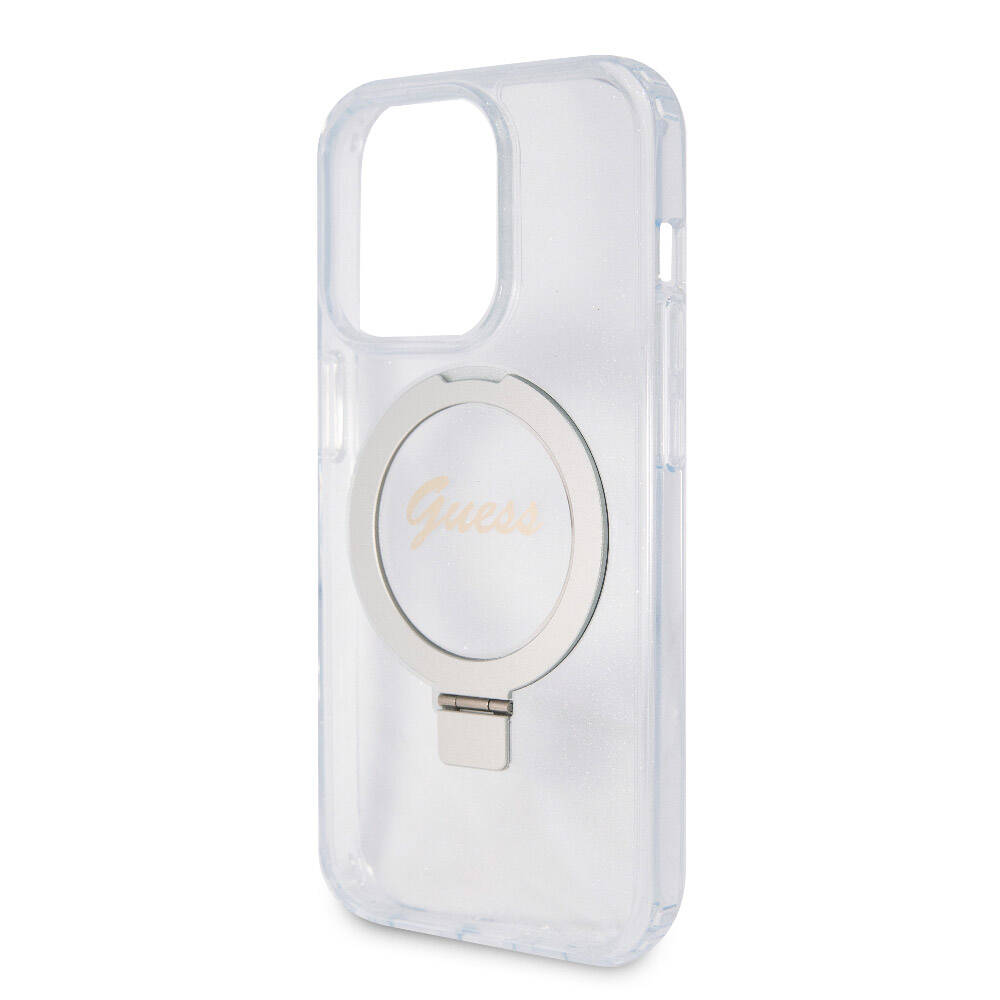 iPhone 15 Pro Max Kılıf Guess Orjinal Lisanslı M-safe Şarj Özellikli Simli Arka Yüzey Ring Standlı Kapak