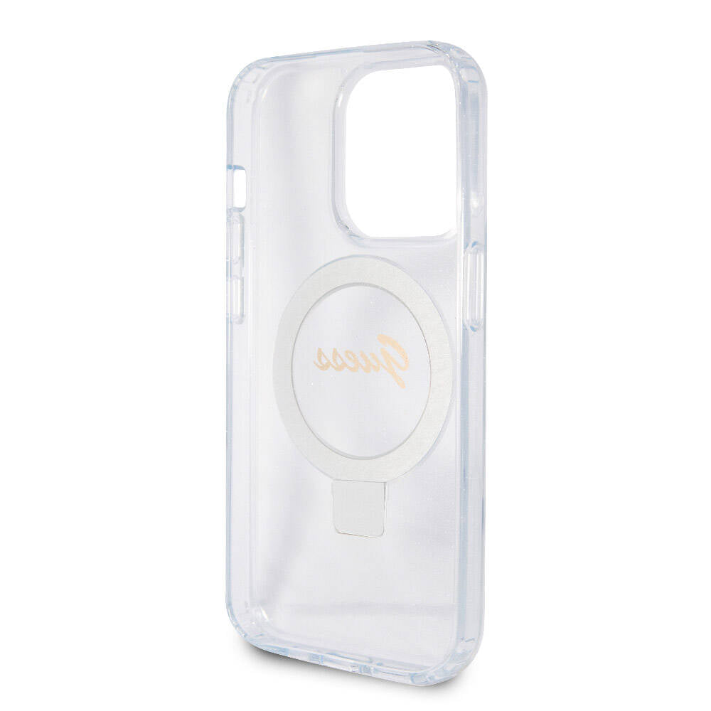 iPhone 15 Pro Max Kılıf Guess Orjinal Lisanslı M-safe Şarj Özellikli Simli Arka Yüzey Ring Standlı Kapak