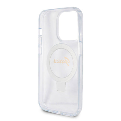iPhone 15 Pro Max Kılıf Guess Orjinal Lisanslı M-safe Şarj Özellikli Simli Arka Yüzey Ring Standlı Kapak