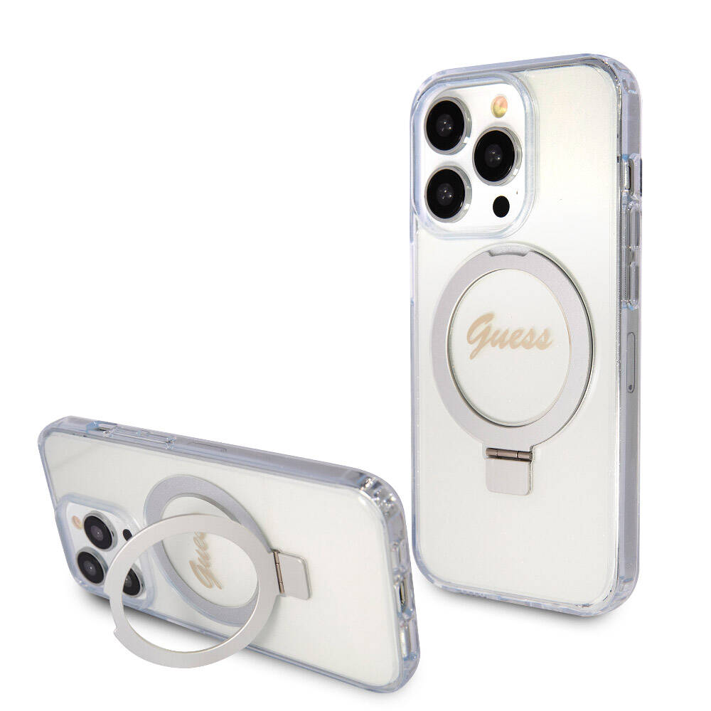 iPhone 15 Pro Max Kılıf Guess Orjinal Lisanslı M-safe Şarj Özellikli Simli Arka Yüzey Ring Standlı Kapak