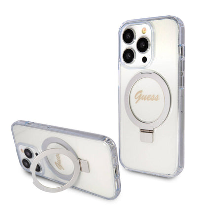 iPhone 15 Pro Max Kılıf Guess Orjinal Lisanslı M-safe Şarj Özellikli Simli Arka Yüzey Ring Standlı Kapak