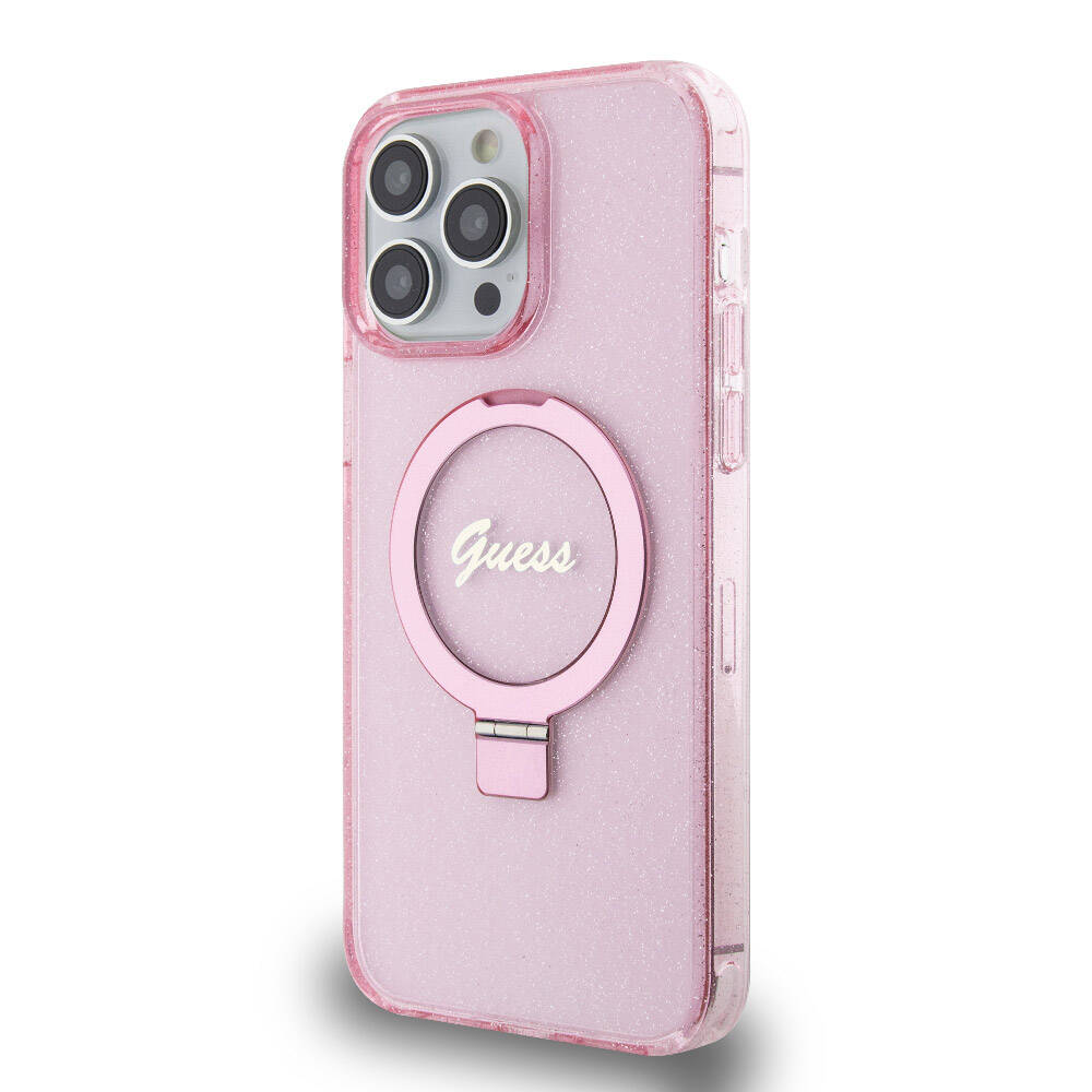 iPhone 15 Pro Max Kılıf Guess Orjinal Lisanslı M-safe Şarj Özellikli Simli Arka Yüzey Ring Standlı Kapak