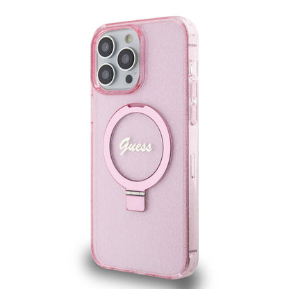 iPhone 15 Pro Max Kılıf Guess Orjinal Lisanslı M-safe Şarj Özellikli Simli Arka Yüzey Ring Standlı Kapak