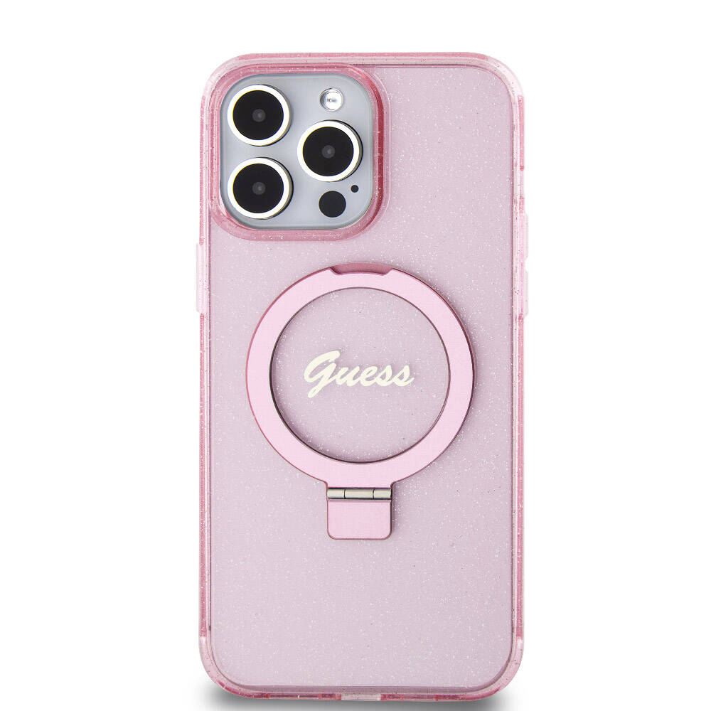 iPhone 15 Pro Max Kılıf Guess Orjinal Lisanslı M-safe Şarj Özellikli Simli Arka Yüzey Ring Standlı Kapak