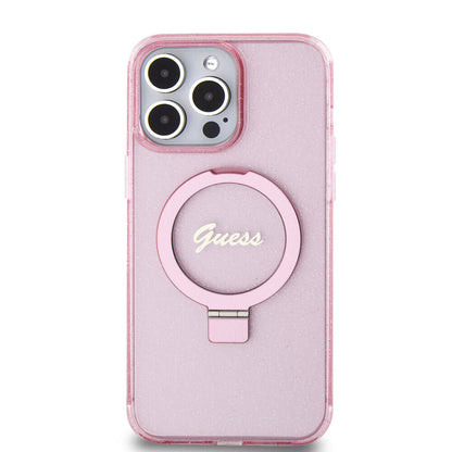 iPhone 15 Pro Max Kılıf Guess Orjinal Lisanslı M-safe Şarj Özellikli Simli Arka Yüzey Ring Standlı Kapak