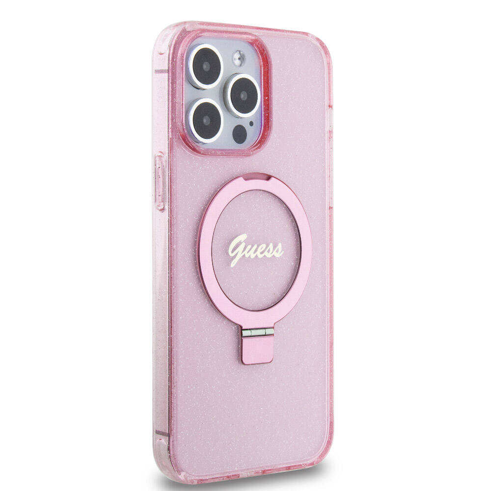 iPhone 15 Pro Max Kılıf Guess Orjinal Lisanslı M-safe Şarj Özellikli Simli Arka Yüzey Ring Standlı Kapak