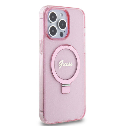 iPhone 15 Pro Max Kılıf Guess Orjinal Lisanslı M-safe Şarj Özellikli Simli Arka Yüzey Ring Standlı Kapak