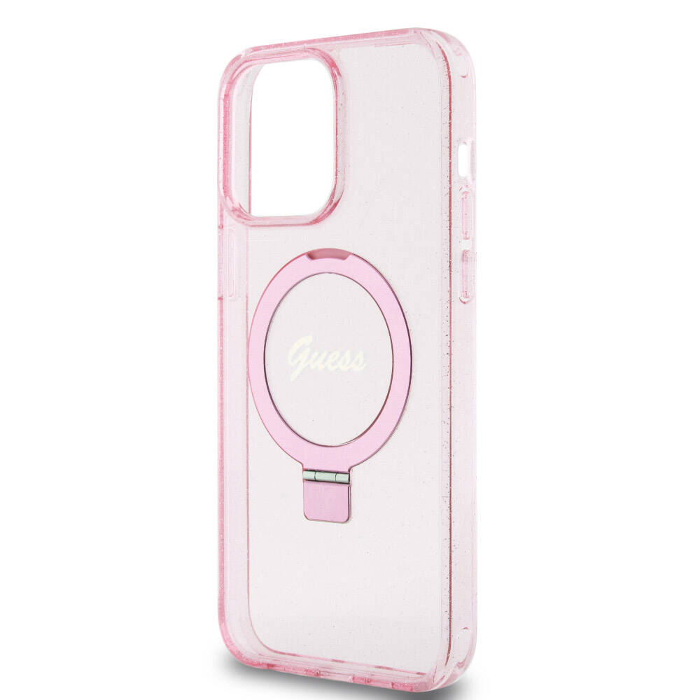 iPhone 15 Pro Max Kılıf Guess Orjinal Lisanslı M-safe Şarj Özellikli Simli Arka Yüzey Ring Standlı Kapak