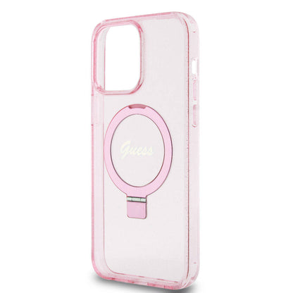 iPhone 15 Pro Max Kılıf Guess Orjinal Lisanslı M-safe Şarj Özellikli Simli Arka Yüzey Ring Standlı Kapak
