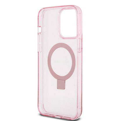 iPhone 15 Pro Max Kılıf Guess Orjinal Lisanslı M-safe Şarj Özellikli Simli Arka Yüzey Ring Standlı Kapak