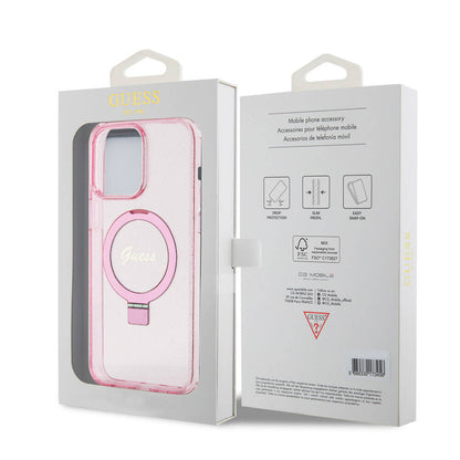 iPhone 15 Pro Max Kılıf Guess Orjinal Lisanslı M-safe Şarj Özellikli Simli Arka Yüzey Ring Standlı Kapak