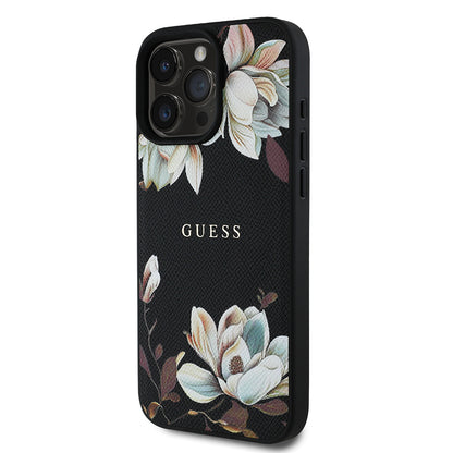 iPhone 15 Pro Max Kılıf Guess Orjinal Lisanslı M-safe Şarj Özellikli Taneli Çiçek Tasarımlı Metal Yazı Logolu Kapak