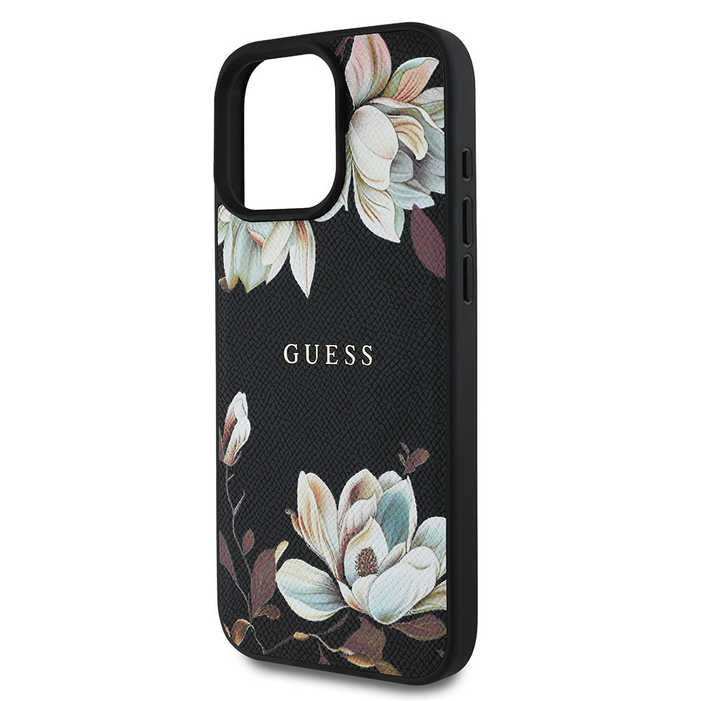iPhone 15 Pro Max Kılıf Guess Orjinal Lisanslı M-safe Şarj Özellikli Taneli Çiçek Tasarımlı Metal Yazı Logolu Kapak