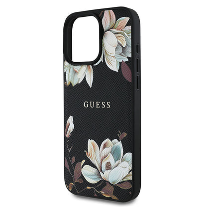 iPhone 15 Pro Max Kılıf Guess Orjinal Lisanslı M-safe Şarj Özellikli Taneli Çiçek Tasarımlı Metal Yazı Logolu Kapak