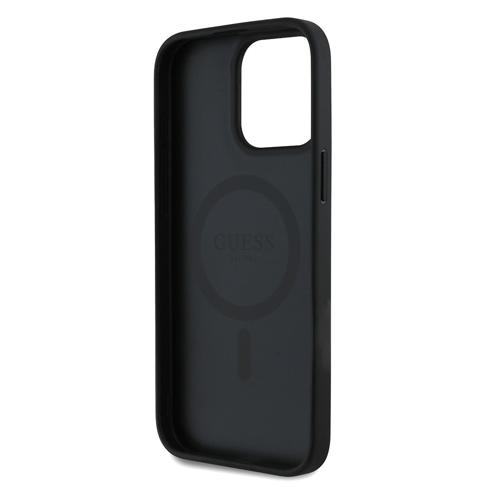 iPhone 15 Pro Max Kılıf Guess Orjinal Lisanslı M-safe Şarj Özellikli Taneli Çiçek Tasarımlı Metal Yazı Logolu Kapak