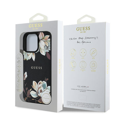 iPhone 15 Pro Max Kılıf Guess Orjinal Lisanslı M-safe Şarj Özellikli Taneli Çiçek Tasarımlı Metal Yazı Logolu Kapak