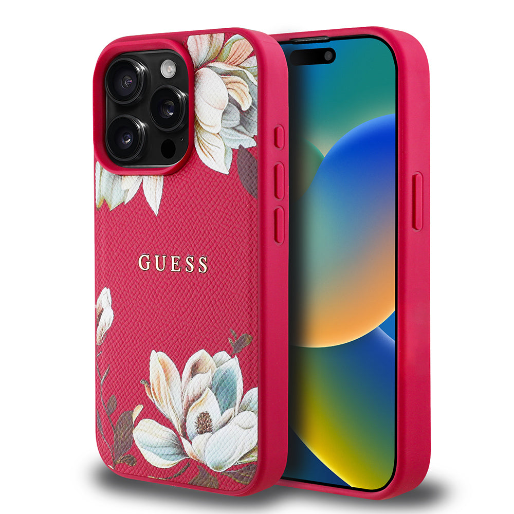 iPhone 15 Pro Max Kılıf Guess Orjinal Lisanslı M-safe Şarj Özellikli Taneli Çiçek Tasarımlı Metal Yazı Logolu Kapak