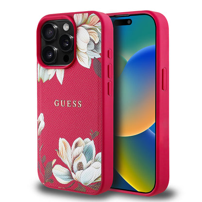 iPhone 15 Pro Max Kılıf Guess Orjinal Lisanslı M-safe Şarj Özellikli Taneli Çiçek Tasarımlı Metal Yazı Logolu Kapak