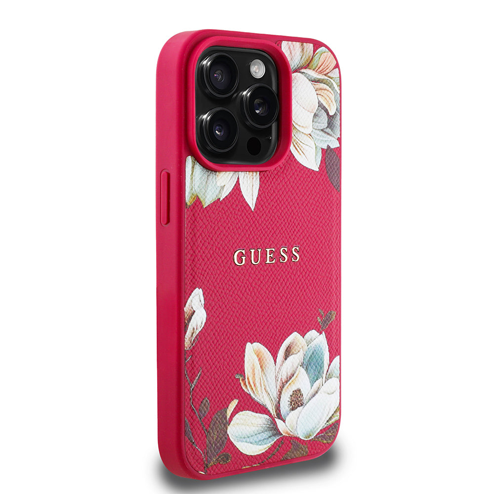 iPhone 15 Pro Max Kılıf Guess Orjinal Lisanslı M-safe Şarj Özellikli Taneli Çiçek Tasarımlı Metal Yazı Logolu Kapak