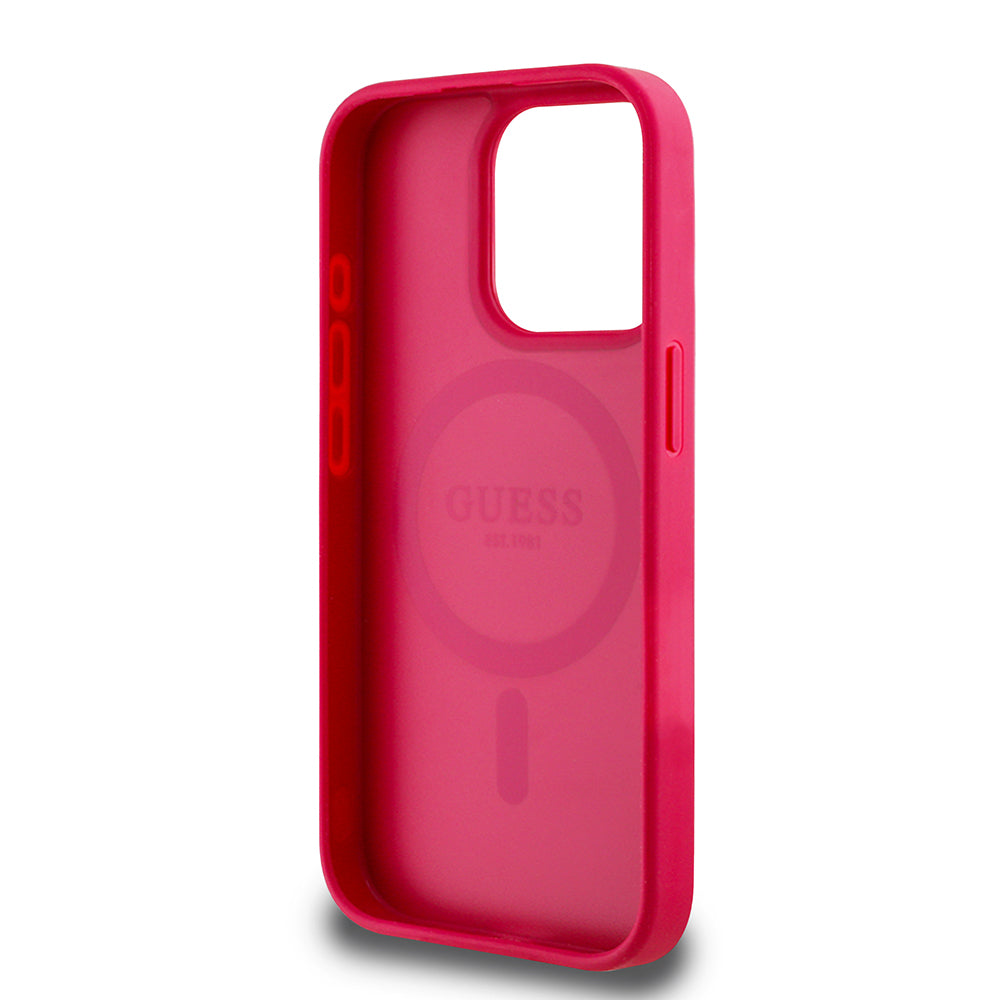 iPhone 15 Pro Max Kılıf Guess Orjinal Lisanslı M-safe Şarj Özellikli Taneli Çiçek Tasarımlı Metal Yazı Logolu Kapak