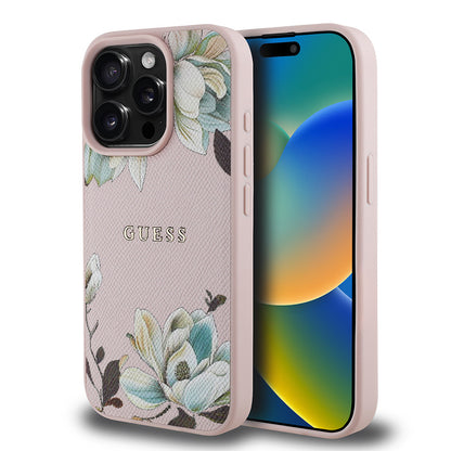 iPhone 15 Pro Max Kılıf Guess Orjinal Lisanslı M-safe Şarj Özellikli Taneli Çiçek Tasarımlı Metal Yazı Logolu Kapak