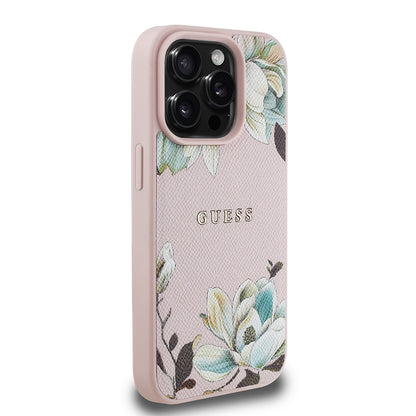 iPhone 15 Pro Max Kılıf Guess Orjinal Lisanslı M-safe Şarj Özellikli Taneli Çiçek Tasarımlı Metal Yazı Logolu Kapak