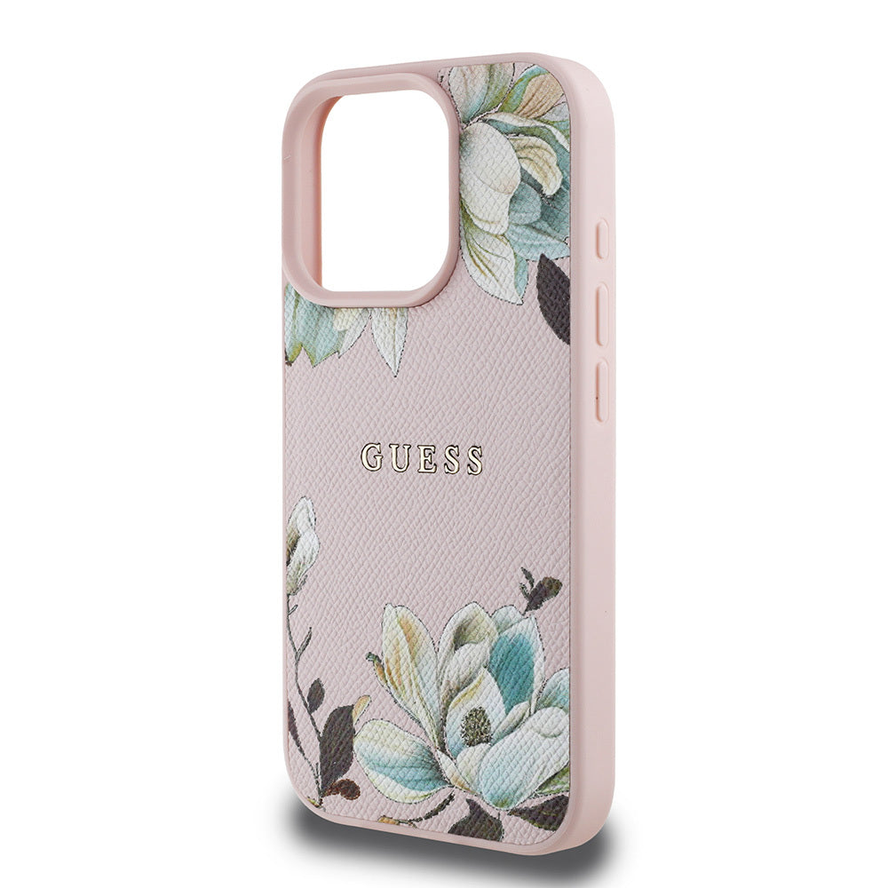 iPhone 15 Pro Max Kılıf Guess Orjinal Lisanslı M-safe Şarj Özellikli Taneli Çiçek Tasarımlı Metal Yazı Logolu Kapak