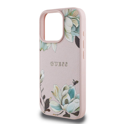 iPhone 15 Pro Max Kılıf Guess Orjinal Lisanslı M-safe Şarj Özellikli Taneli Çiçek Tasarımlı Metal Yazı Logolu Kapak