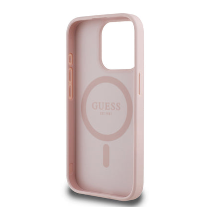 iPhone 15 Pro Max Kılıf Guess Orjinal Lisanslı M-safe Şarj Özellikli Taneli Çiçek Tasarımlı Metal Yazı Logolu Kapak