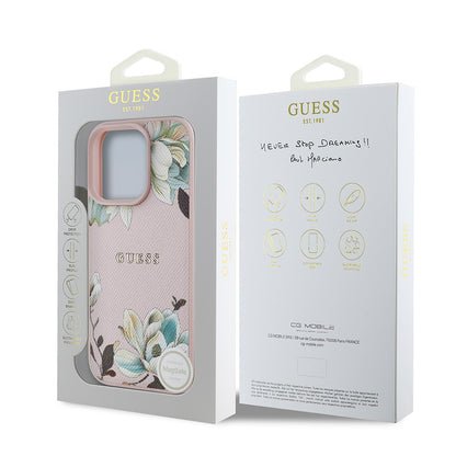 iPhone 15 Pro Max Kılıf Guess Orjinal Lisanslı M-safe Şarj Özellikli Taneli Çiçek Tasarımlı Metal Yazı Logolu Kapak