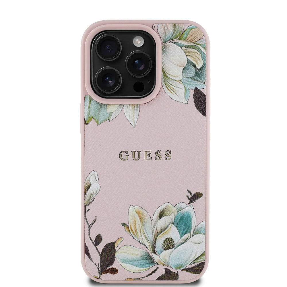 iPhone 15 Pro Max Kılıf Guess Orjinal Lisanslı M-safe Şarj Özellikli Taneli Çiçek Tasarımlı Metal Yazı Logolu Kapak
