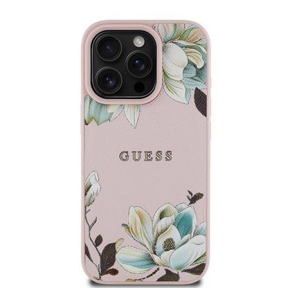 iPhone 15 Pro Max Kılıf Guess Orjinal Lisanslı M-safe Şarj Özellikli Taneli Çiçek Tasarımlı Metal Yazı Logolu Kapak