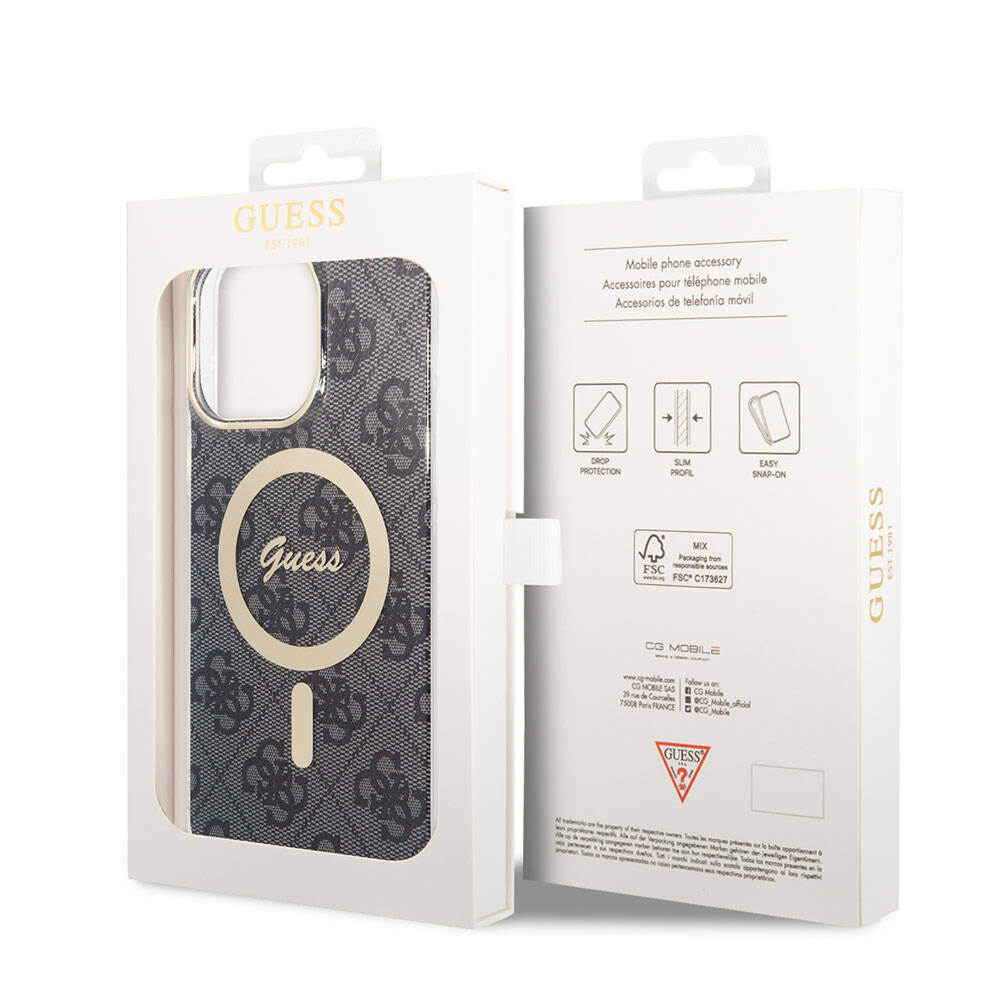 iPhone 15 Pro Max Kılıf Guess Orjinal Lisanslı M-safe Şarj Özellikli Yazı Logolu 4G Desenli Kapak